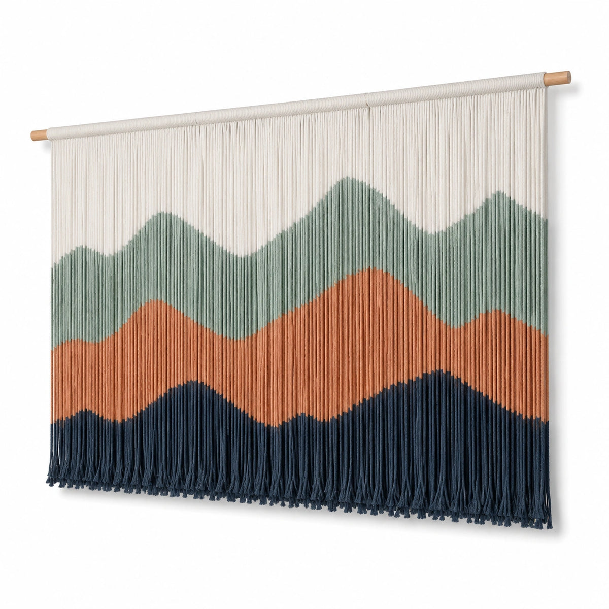 Wandteppich 100 x 90 cm aus Textilgarn in Creme Grün Terrakotta Dunkelblau mit Fransen