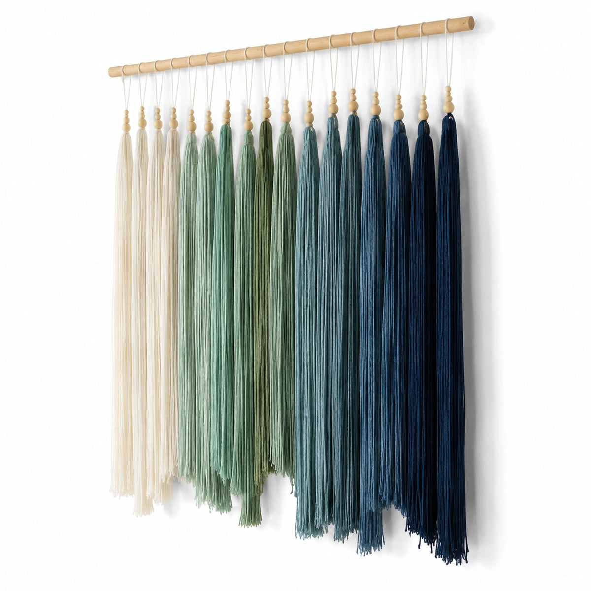 Quasten Wanddekoration 90 x 110 cm aus Holz und Textil in Beige Grün Blau