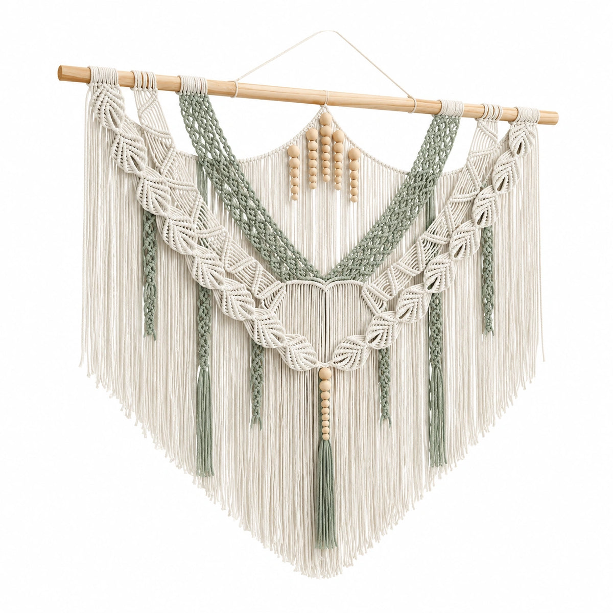 Makramee Wandbehang 90 x 105 cm Baumwolle Naturweiß Salbeigrün Boho Fransen