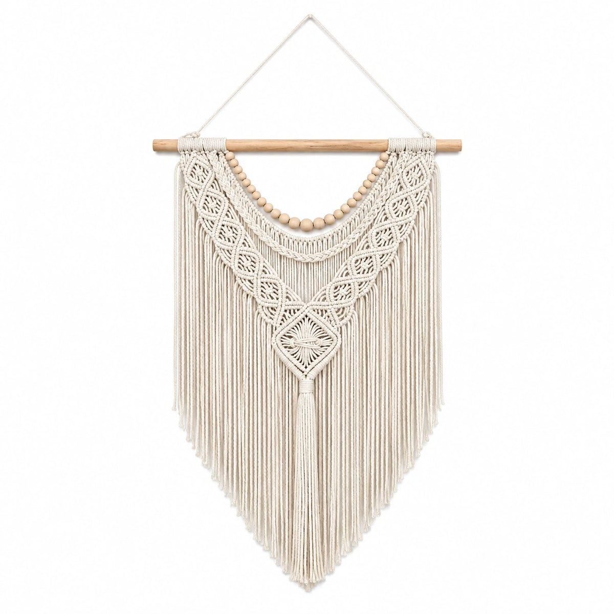 Makramee Wandbehang 50 x 90 cm aus Baumwolle in Creme mit Holzstab im Boho Stil