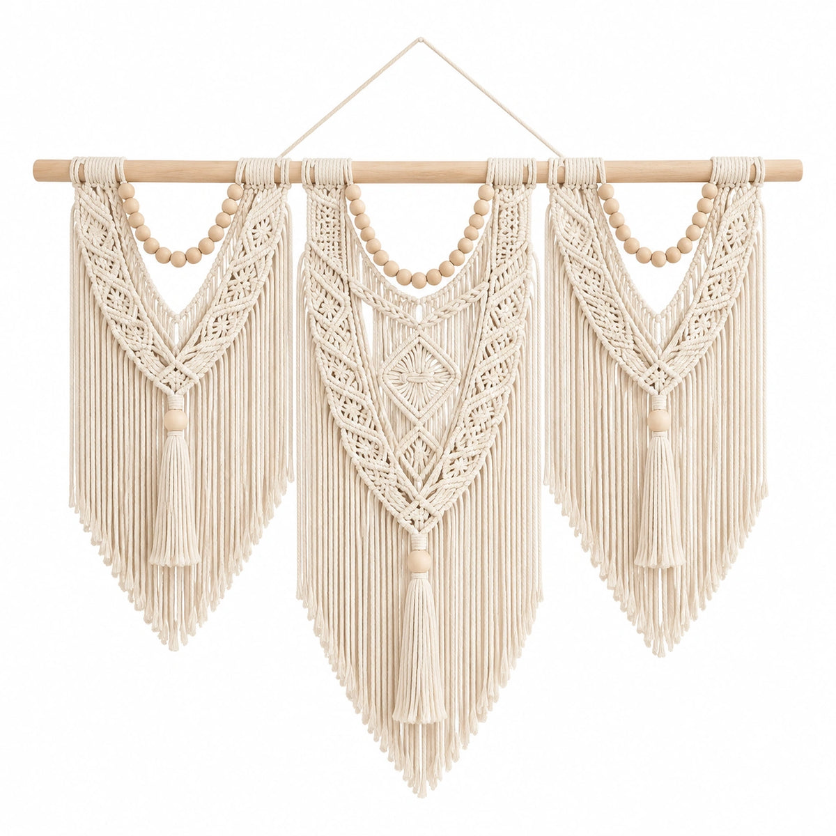 Makramee Wandbehang 120 x 110 cm Baumwolle Natur Boho mit Holzstab
