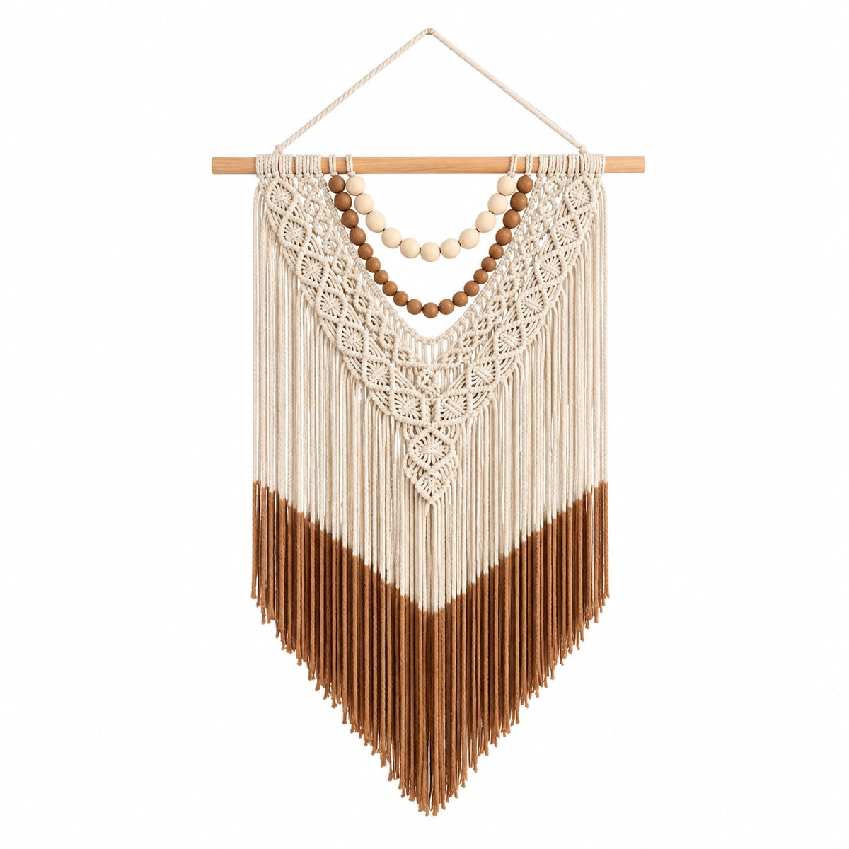 Makramee Wandbehang 50 x 100 cm aus Baumwollkordel in Creme/Braun mit Holzstab und Fransen