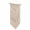 Makramee Wandteppich 40 x 100 cm aus Baumwollkordel in Creme mit Holzstab und Fransen im Boho Stil