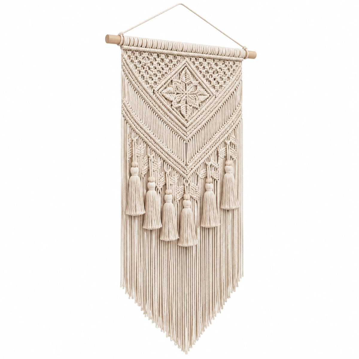Makramee Wandteppich 40 x 100 cm aus Baumwollkordel in Creme mit Holzstab und Fransen im Boho Stil