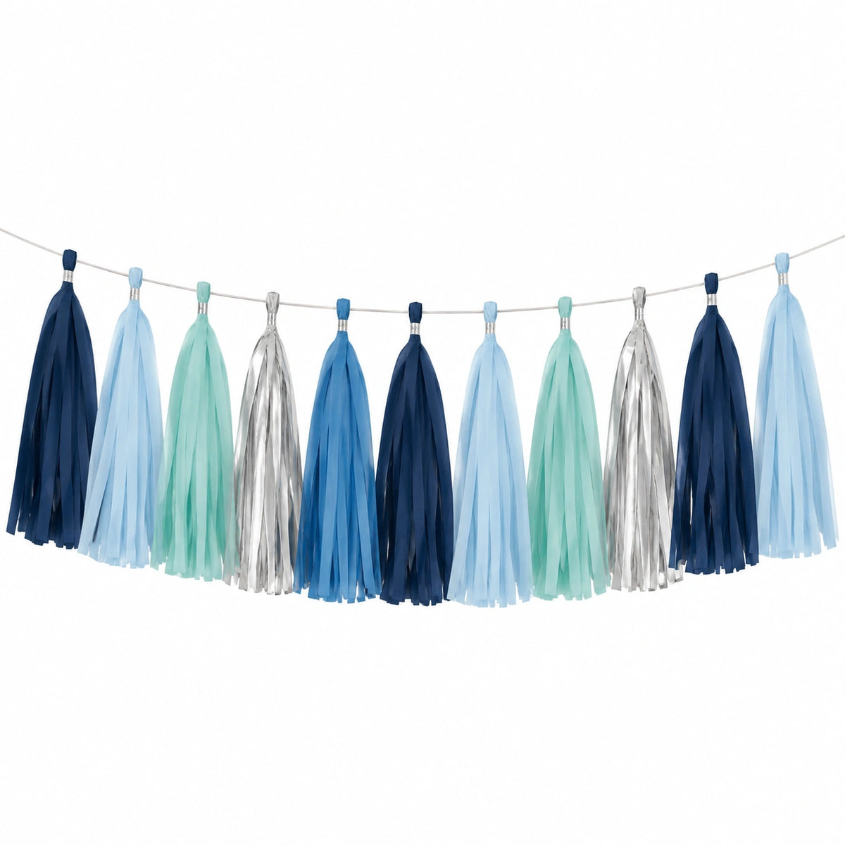 Quastengirlande 300 cm Papier Blau Hellblau Mint Silber Partydekoration