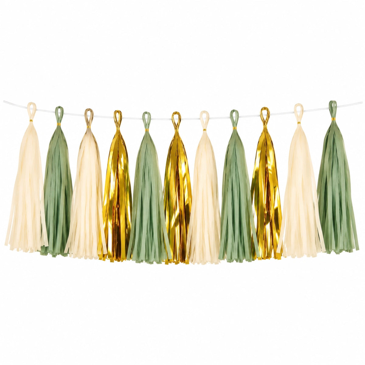 Quasten Girlande 300 cm aus Papier Grün Creme Gold für Partydekoration