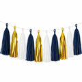 Quastengirlande 300 cm aus Papier in Marineblau Weiß Gold für Partydekoration
