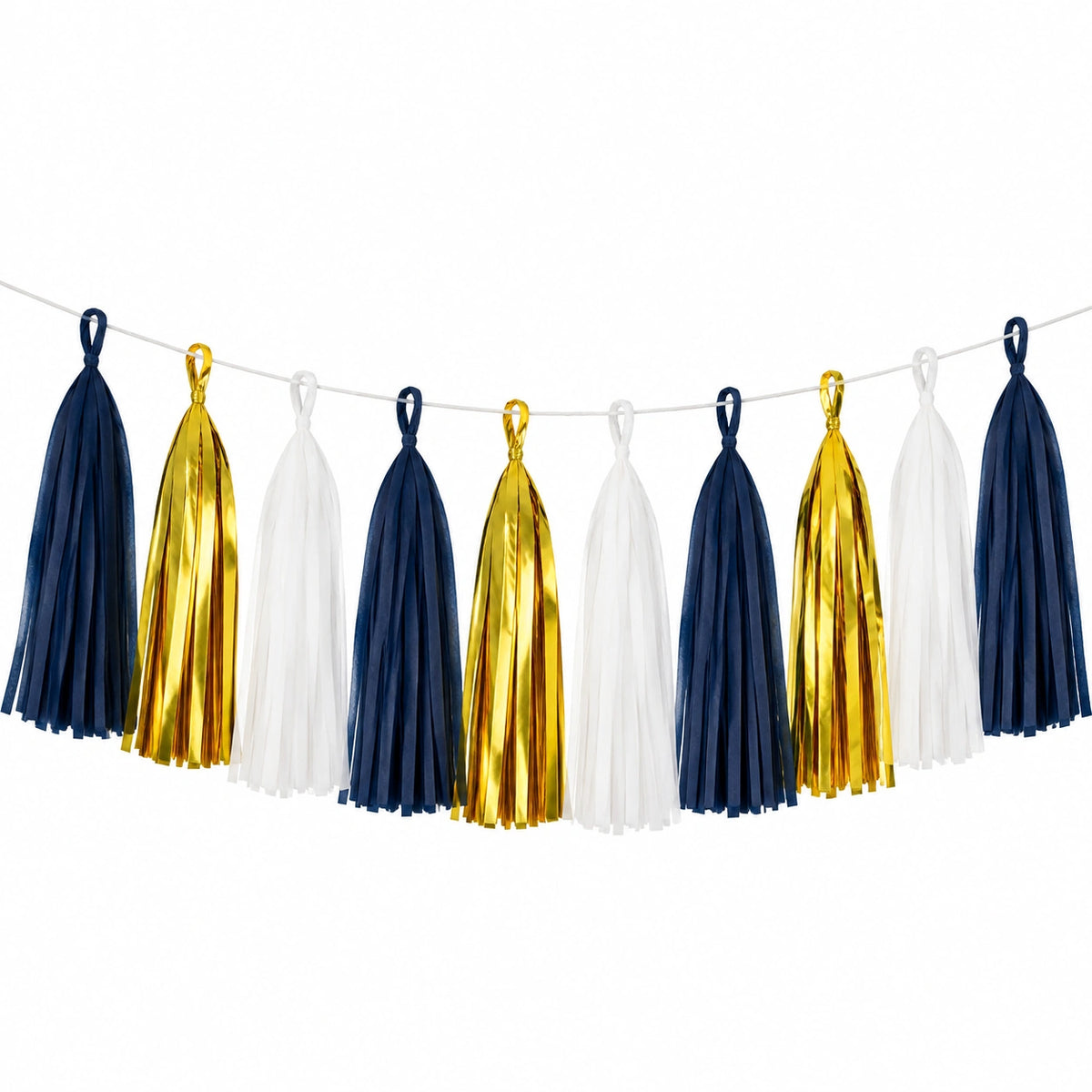 Quastengirlande 300 cm aus Papier in Marineblau Weiß Gold für Partydekoration