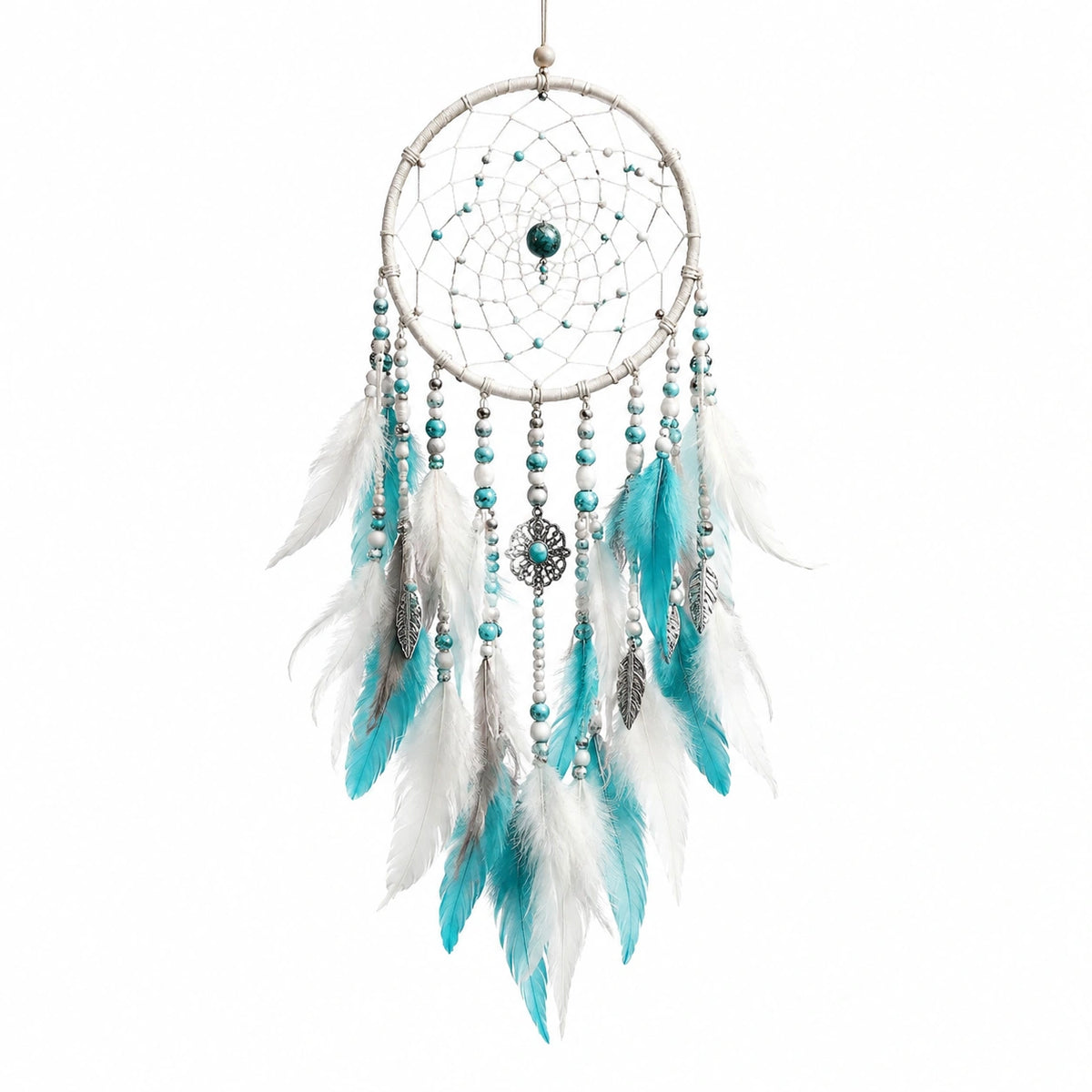 Traumfänger 25 x 70 cm mit Perlen und Federn in Türkis Weiß Boho Wanddekoration