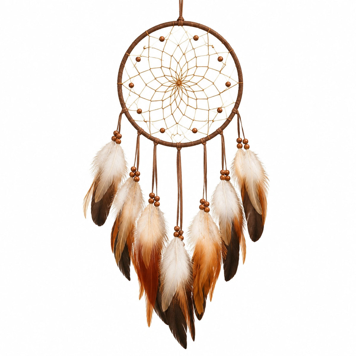 Traumfänger 30 cm Braun Beige mit Federn und Perlen als Hängedekoration