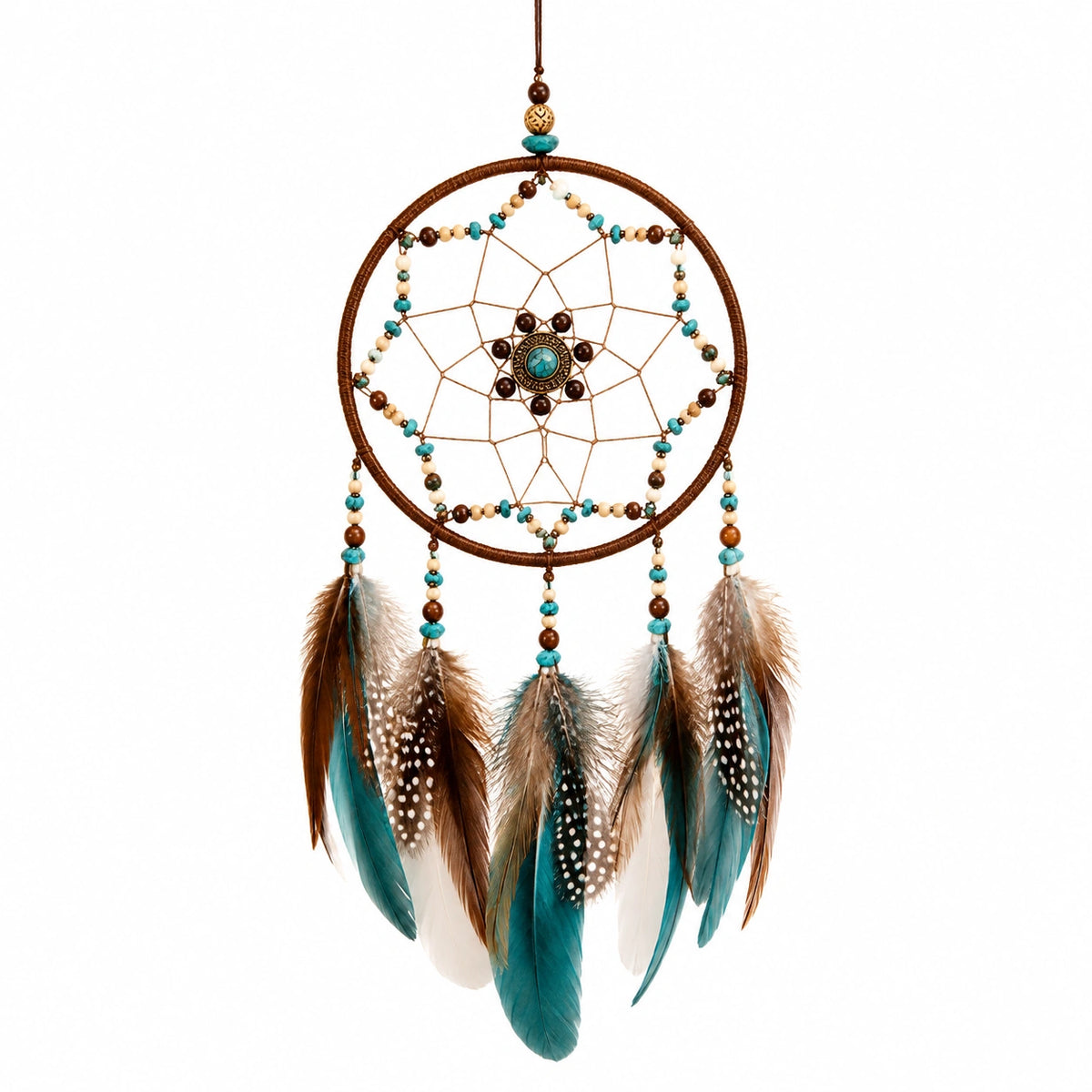 Traumfänger 30 x 75 cm mit Federn und Perlen in Braun Türkis für Wanddekoration im Boho Stil