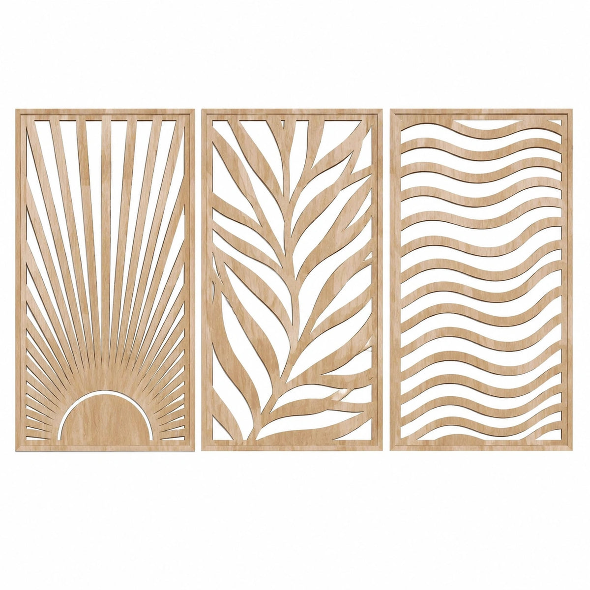 Wanddekoration 3er Set 40 x 80 cm Holz Natur - durchbrochene Sonnen Pflanzen und Wellenmotive