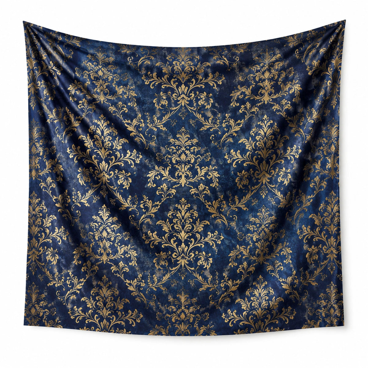 Wandteppich 150 x 150 cm aus Polyester Blau Gold Barockmuster für Wohnräume
