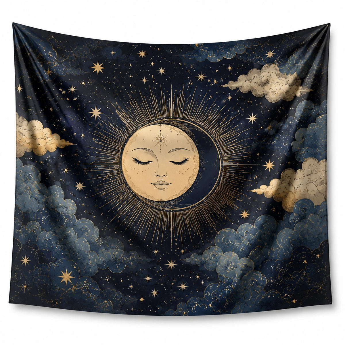 Wandteppich 150 x 150 cm aus Polyester in Dunkelblau mit Mond und Sternen Motiv