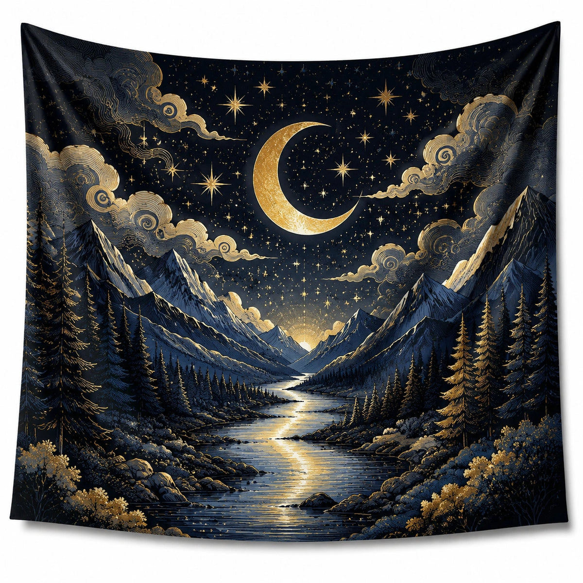 Wandteppich 150 x 150 cm aus Polyester in Schwarz Gold mit Mond und Berglandschaft