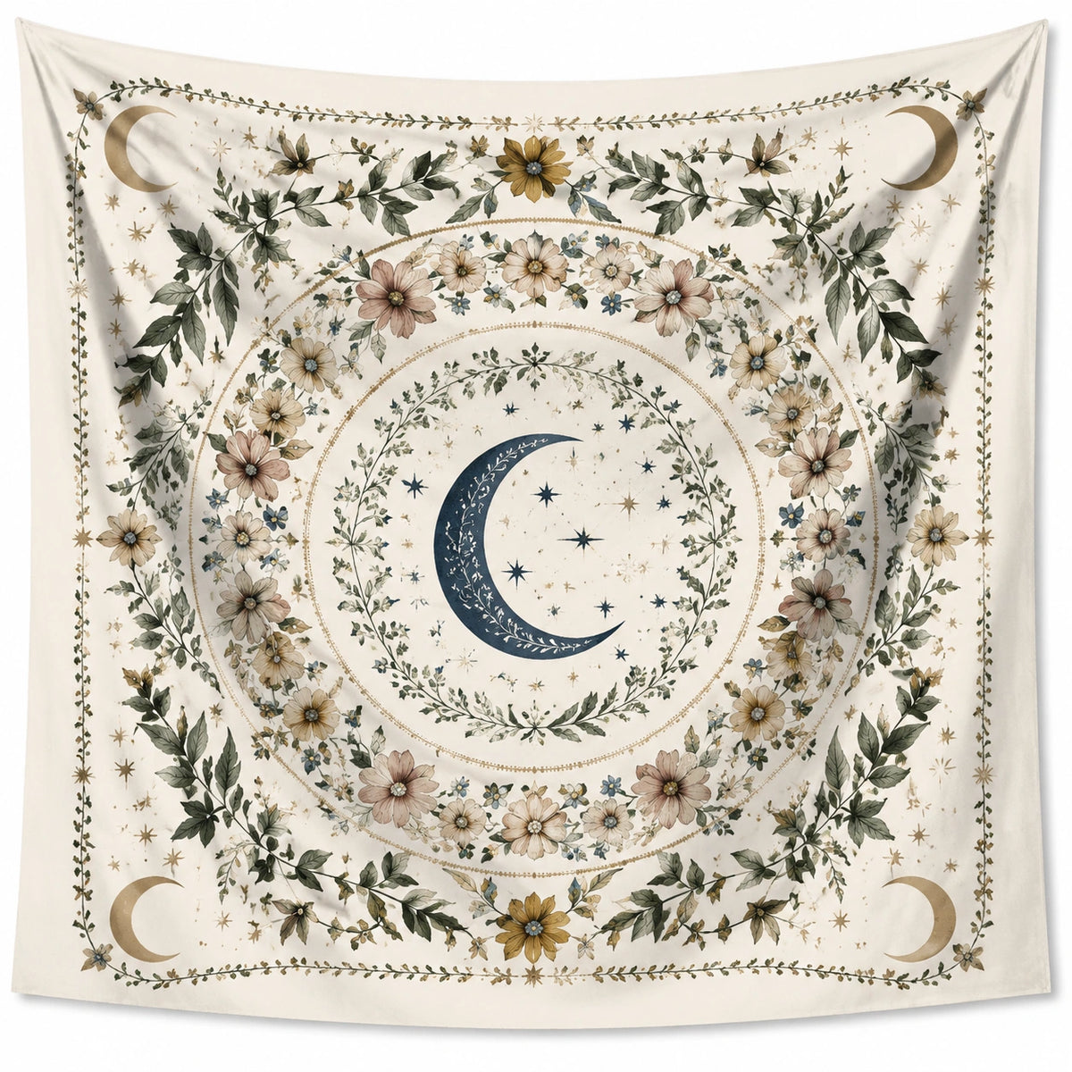 Wandteppich 150 x 150 cm aus Gewebe in Cremegrün mit Blumen Mond und Sternen Motiv
