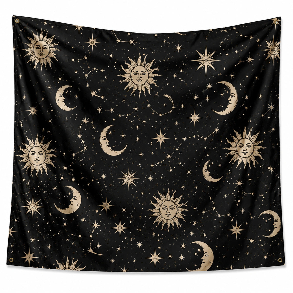 Wandteppich 150 x 150 cm schwarzes Textilgewebe mit Sonne Mond und Sternen zum Aufhängen