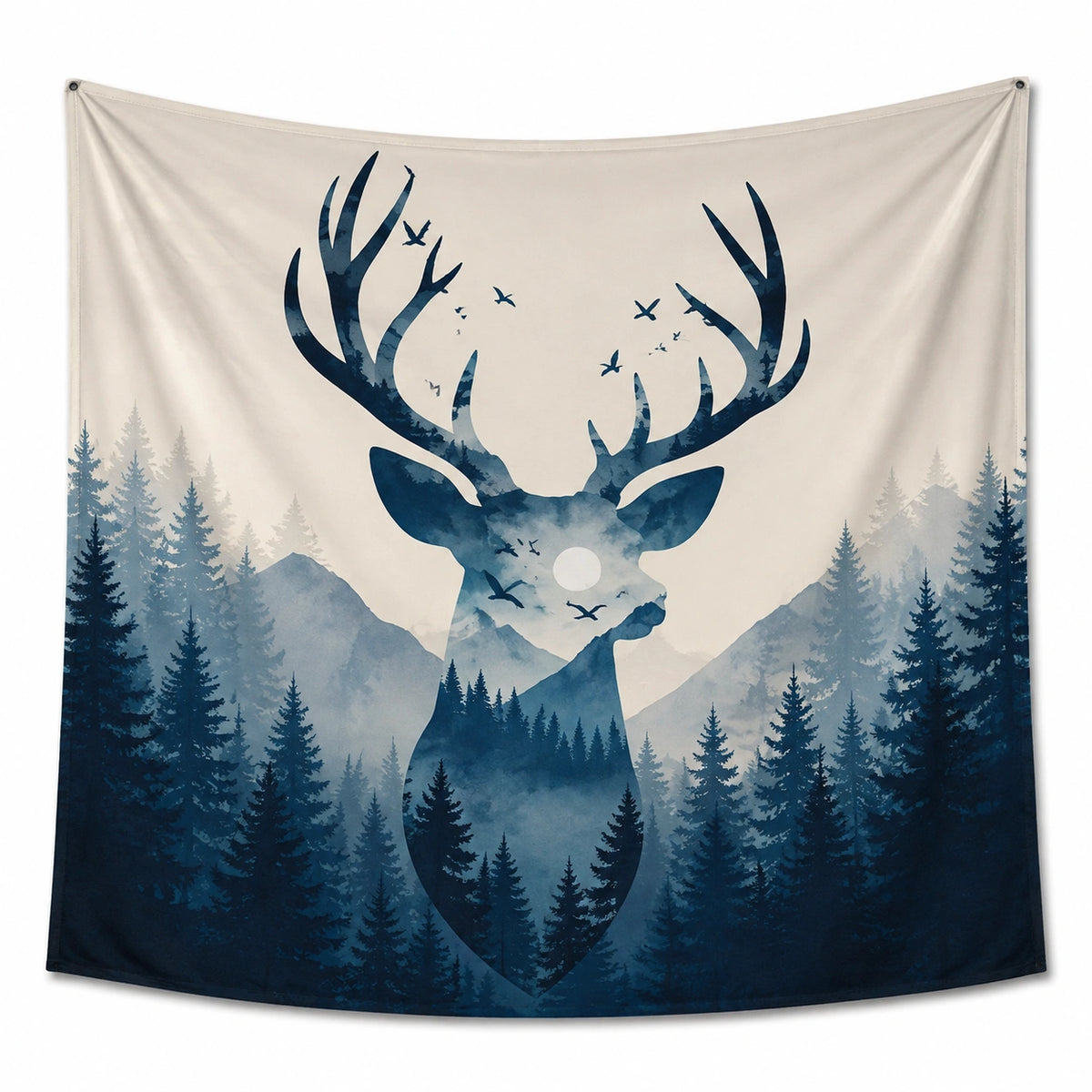 Wandteppich 150 x 130 cm Polyester Beige Blau Hirsch Waldmotiv mit Ösen