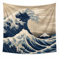 Wandteppich 150 x 130 cm aus Polyester Beige Blau mit Wellenmotiv für Wanddekoration