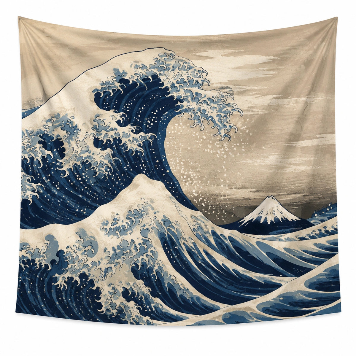 Wandteppich 150 x 130 cm aus Polyester Beige Blau mit Wellenmotiv für Wanddekoration