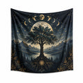 Wandteppich 150 cm x 150 cm aus Polyester in Dunkelblau Beige Gold - Mondphasen Landschaftsmotiv für Wanddekoration