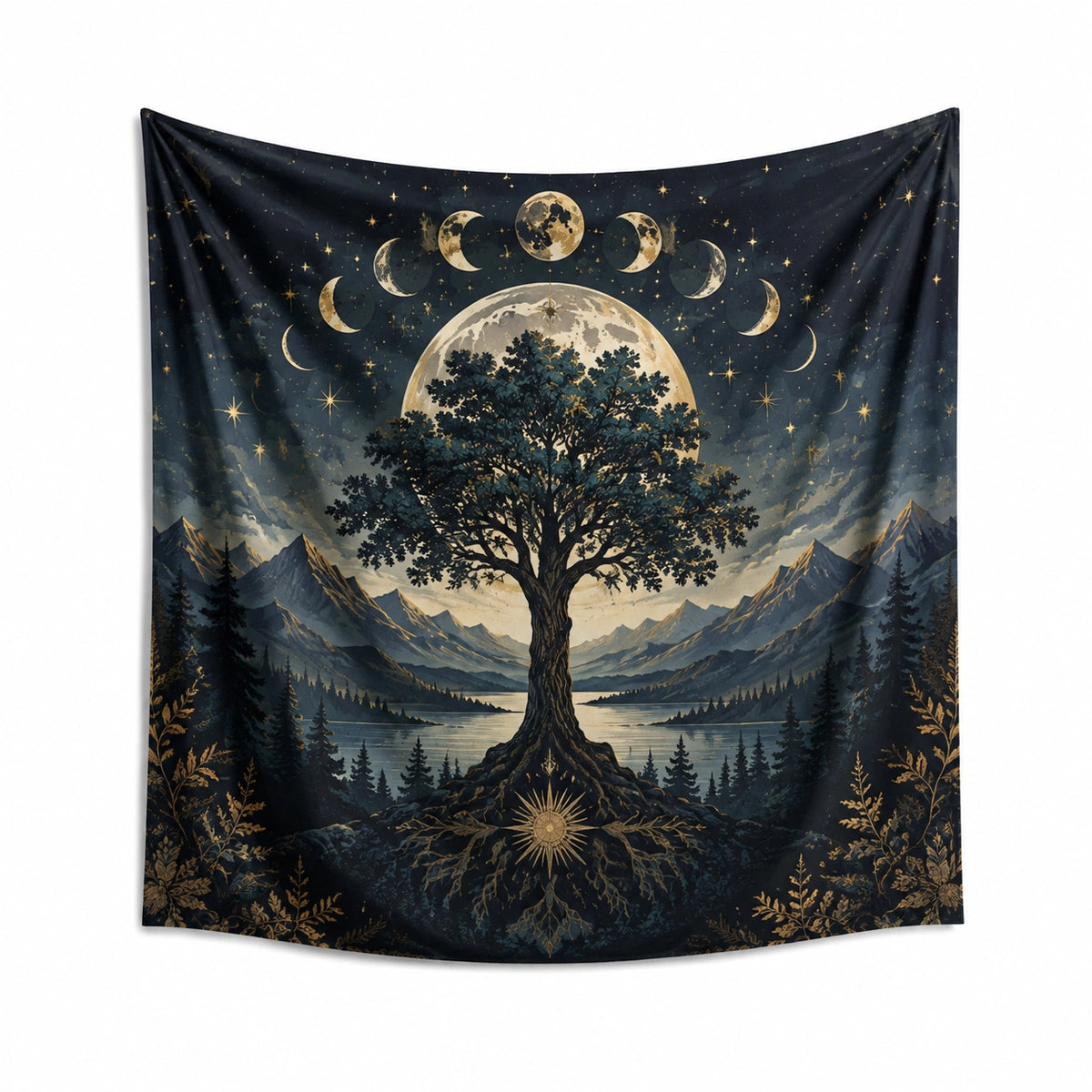 Wandteppich 150 cm x 150 cm aus Polyester in Dunkelblau Beige Gold - Mondphasen Landschaftsmotiv für Wanddekoration